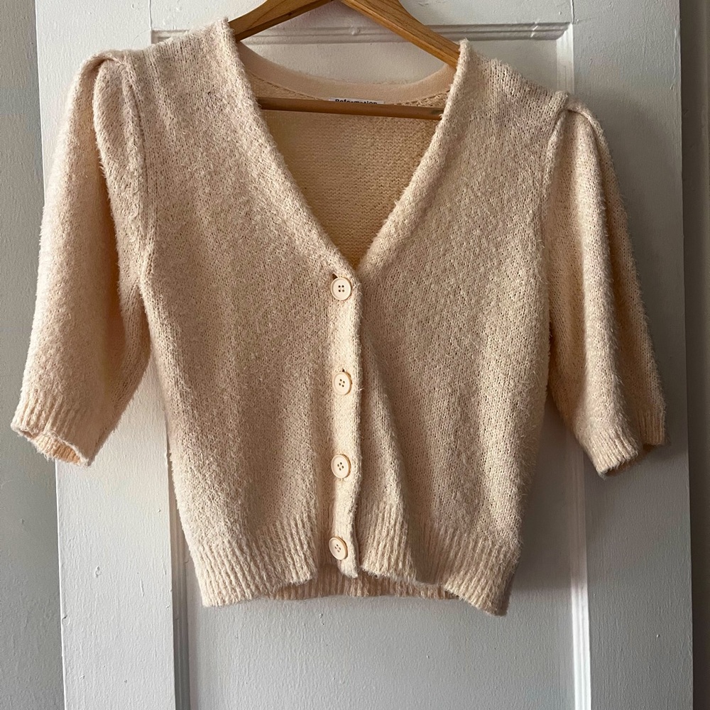 Reformation Crop Puff Sleeve Cotton Cardigan